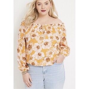 Maurices Plus Size 0X Floral Daisy Top Off Shoulder Crochet Trim Long Sleeve